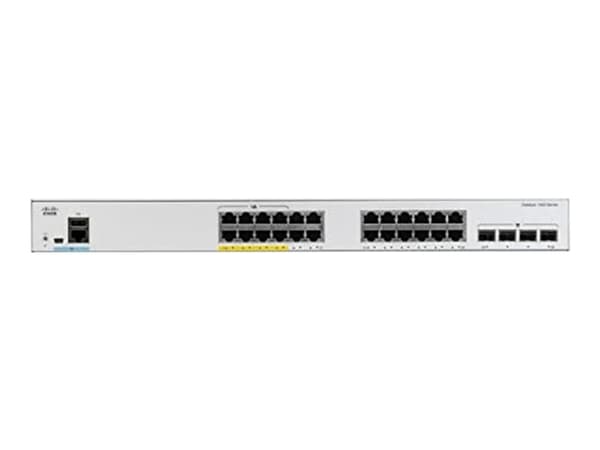 Cisco Catalyst 1000-24FP-4G-L - Switch - Styrt - 24 x 10/100/1000 (PoE+) + 4 x Gigabit SFP (opplink) - rackmonterbar - PoE+ (370 W) Grå