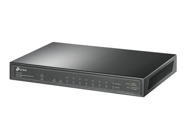 TP-Link TL-SG1210P - Switch - ohanterad - 8 x 10/100/1000 (PoE+) + 1 x 10/100/1000 (upplänk) + 1 x gigabit SFP (upplänk) - skrivbordsmodell - PoE+ (6 Grå