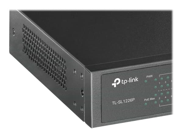 TP-Link TL-SL1226P - Switch - ohanterad - 24 x 10/100 (PoE+) + 2 x 10/100/1000 + 2 x kombinations-Gigabit SFP - skrivbordsmodell, rackmonterbar - PoE Grå