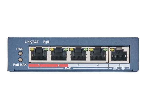 Hikvision Pro Series DS-3E0105P-E(B) - Switch - ohanterad - 4 x 10/100 (PoE+) + 1 x 10/100 (upplänk) - skrivbordsmodell - PoE+ (60 W)