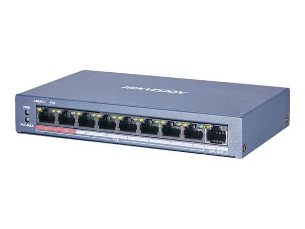 Hikvision Value Series DS-3E0109P-E/M(B) - Switch - ohanterad - 8 x 10/100 (PoE) + 1 x 10/100 - skrivbordsmodell - PoE (60 W) Blå