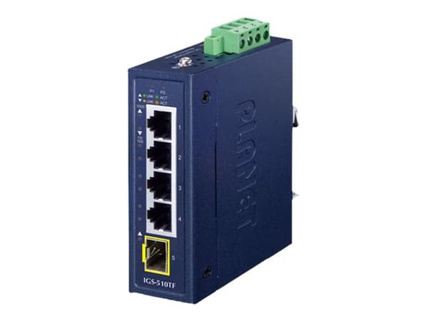 PLANET IGS-510TF - Switch - ohanterad - 4 x 10/100/1000 + 1 x 1000Base-X SFP - DIN-skenmonterbar, väggmonterbar - AC 24 V / DC 9 - 48 V