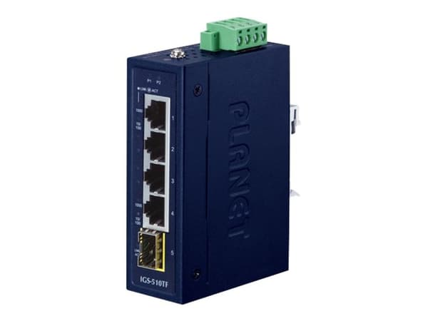 PLANET IGS-510TF - Switch - ohanterad - 4 x 10/100/1000 + 1 x 1000Base-X SFP - DIN-skenmonterbar, väggmonterbar - AC 24 V / DC 9 - 48 V Blå