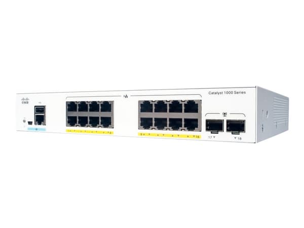 Cisco Catalyst 1000-16P-E-2G-L - Switch - Styrt - 8 x 10/100/1000 (PoE+) + 8 x 10/100/1000 + 2 x Gigabit SFP (opplink) - rackmonterbar - PoE+ (120 W) Grå