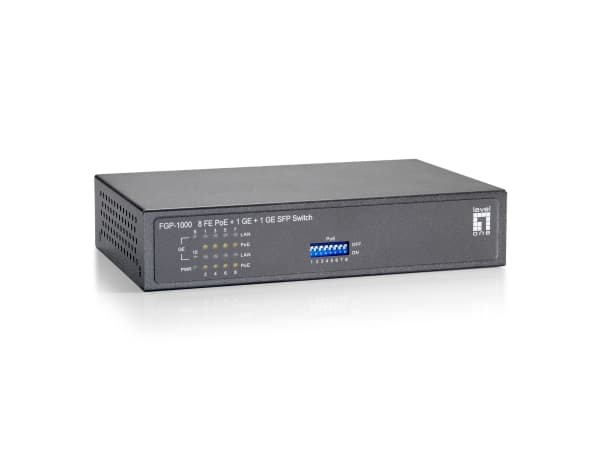 LevelOne FGP-1000W90 - Kytkin - 8 x 10/100 (PoE) + 1 x 10/100/1000 + 1 x 100/1000 SFP - työpöytä, seinään kiinnitettävä - PoE (82 W)