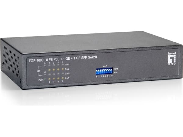 LevelOne FGP-1000W90 - Kytkin - 8 x 10/100 (PoE) + 1 x 10/100/1000 + 1 x 100/1000 SFP - työpöytä, seinään kiinnitettävä - PoE (82 W)