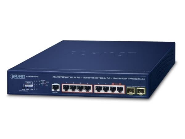PLANET IPv6/IPv4, 2-Port, Hallittu, L2/L4, Gigabit Ethernet (10/100/1000), Power over Ethernet -tuki, Telineasennus, 1U