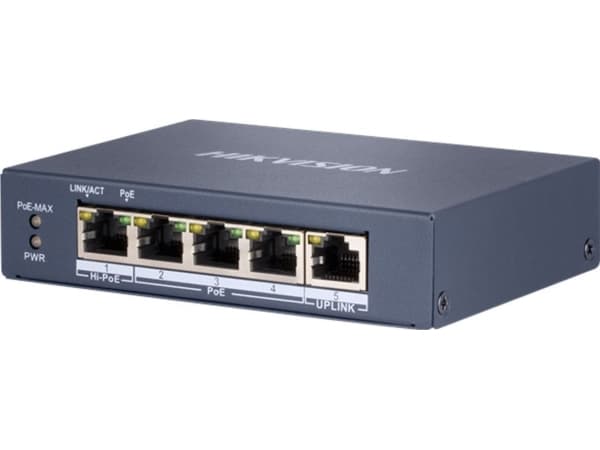 Hikvision Pro Series DS-3E0505HP-E - Switch - ikke-styrt - 3 x 10/100/1000 (PoE) + 1 x 10/100/1000 (Hi-PoE) + 1 x 10/100/1000 - stasjonær - High PoE