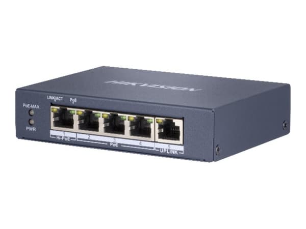 Hikvision Pro Series DS-3E0505HP-E - Switch - ikke-styrt - 3 x 10/100/1000 (PoE) + 1 x 10/100/1000 (Hi-PoE) + 1 x 10/100/1000 - stasjonær - High PoE Blå
