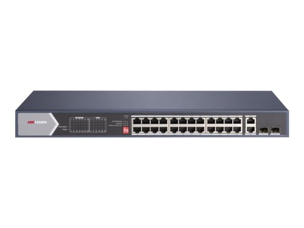 Hikvision Pro Series DS-3E0528HP-E - Switch - ikke-styrt - 20 x 10/100/1000 (PoE) + 4 x 10/100/1000 (Hi-PoE) + 2 x 10/100/1000 + 2 x Gigabit SFP - ra Blå