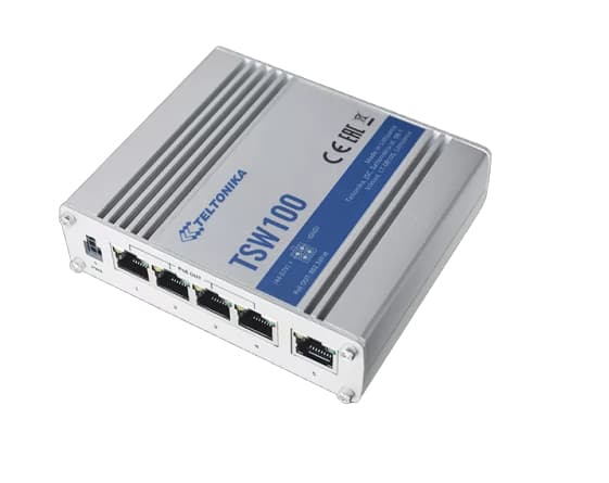 Teltonika TSW100 - Switch - ohanterad - 5 x 10/100/1000 (1 PoE) - skrivbordsmodell - PoE (120 W) - likström