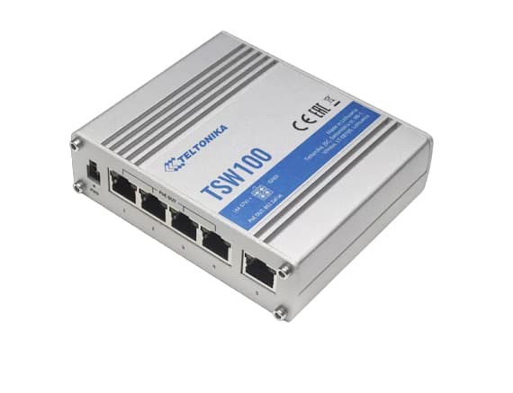 Teltonika TSW100 - Switch - ohanterad - 5 x 10/100/1000 (1 PoE) - skrivbordsmodell - PoE (120 W) - likström