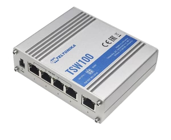Teltonika TSW100 - Switch - ohanterad - 5 x 10/100/1000 (1 PoE) - skrivbordsmodell - PoE (120 W) - likström