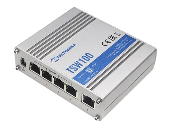 Teltonika TSW100 - Switch - ikke-styrt - 5 x 10/100/1000 (1 PoE) - stasjonær - PoE (120 W) - DC-strøm Blå, Metallisk