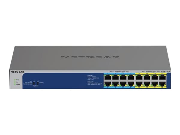 NETGEAR GS516UP, Hallitsematon, Gigabit Ethernet (10/100/1000), Täysin kaksipuolinen, Power over Ethernet -tuki, Telineasennus Harmaa