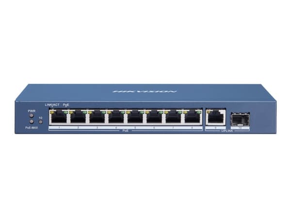 Hikvision Value Series DS-3E0510P-E/M - Switch - ikke-styrt - 8 x 10/100/1000 (PoE+) + 1 x 10/100/1000 (opplink) + 1 x Gigabit SFP (opplink) - stasjo Blå