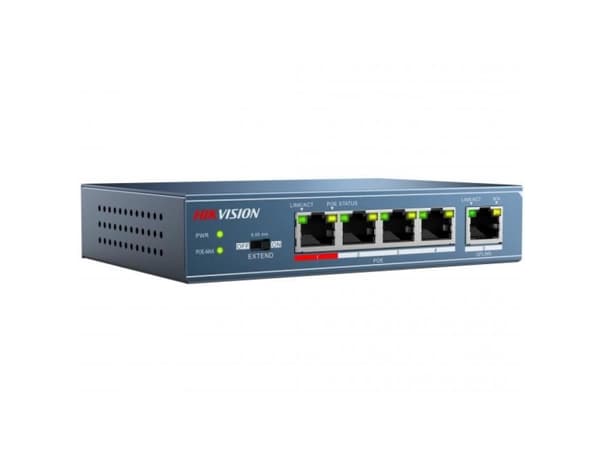 Hikvision Value Series DS-3E0105P-E/M - Switch - ikke-styrt - 4 x 10/100 (PoE+) + 1 x 10/100 (opplink) - stasjonær - PoE+ (35 W) - DC-strøm