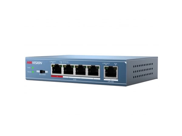 Hikvision Value Series DS-3E0105P-E/M - Switch - ikke-styrt - 4 x 10/100 (PoE+) + 1 x 10/100 (opplink) - stasjonær - PoE+ (35 W) - DC-strøm