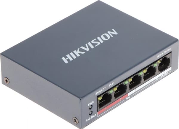 Hikvision Value Series DS-3E0105P-E/M - Switch - ikke-styrt - 4 x 10/100 (PoE+) + 1 x 10/100 (opplink) - stasjonær - PoE+ (35 W) - DC-strøm