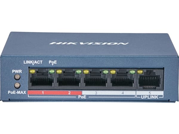 Hikvision Value Series DS-3E0105P-E/M - Switch - ikke-styrt - 4 x 10/100 (PoE+) + 1 x 10/100 (opplink) - stasjonær - PoE+ (35 W) - DC-strøm Grå