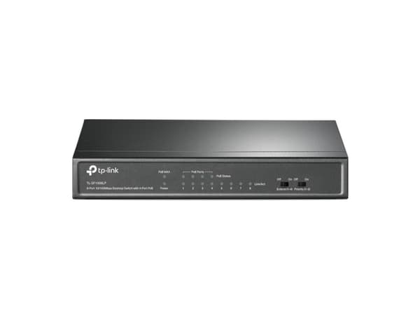 TP-Link TL-SF1008LP, Ohanterad, Fast Ethernet (10/100), Full duplex, Strömförsörjning via Ethernet (PoE) stöd, Monteringsbar på väggen