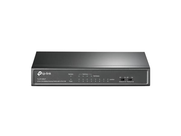 TP-Link TL-SF1008LP, Uhåndtert, Fast Ethernet (10/100), Full tosidig, Strøm over Ethernet (PoE), Kan monteres på vegg Sort