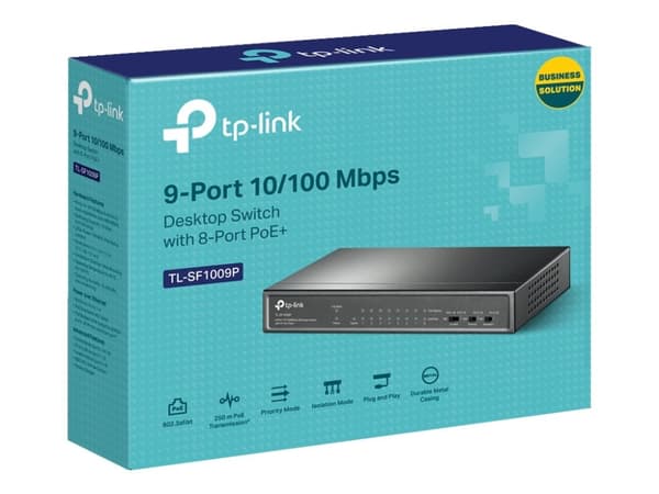 TP-Link TL-SF1009P - Switch - ohanterad - 8 x 10/100 (PoE+) + 1 x 10/100 - skrivbordsmodell - PoE+ (65 W)