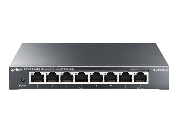TP-Link TL-RP108GE - Switch - Administrerad - 7 x 10/100/1000 (PoE in) + 1 x 10/100/1000 (PoE ut) - skrivbordsmodell - Reverse PoE