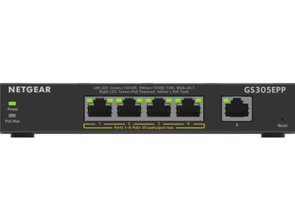 NETGEAR Plus GS305EPP - Switch - smart - 5 x 10/100/1000 (4 PoE+) - stasjonær, veggmonterbar - PoE+ (120 W)