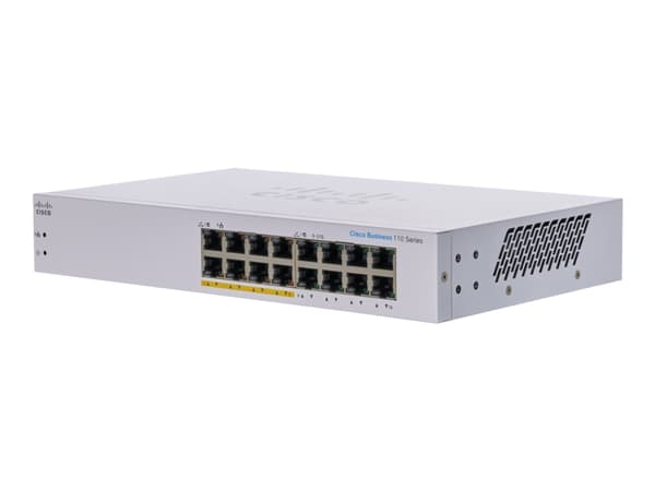 Cisco Business 110 Series 110-16PP - Switch - ikke-styrt - 8 x 10/100/1000 (PoE) + 8 x 10/100/1000 - rackmonterbar, stasjonær, veggmonterbar - PoE (6 Grå