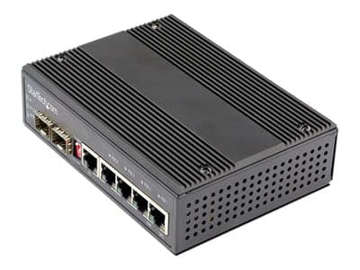 StarTech.com Industrial 6 Port Gigabit Ethernet Switch, 4 PoE RJ45 +2 SFP Slots 30W PoE+ 12-48VDC 10/100/1000 Rugged Power Over Ethernet LAN Switch - Sort