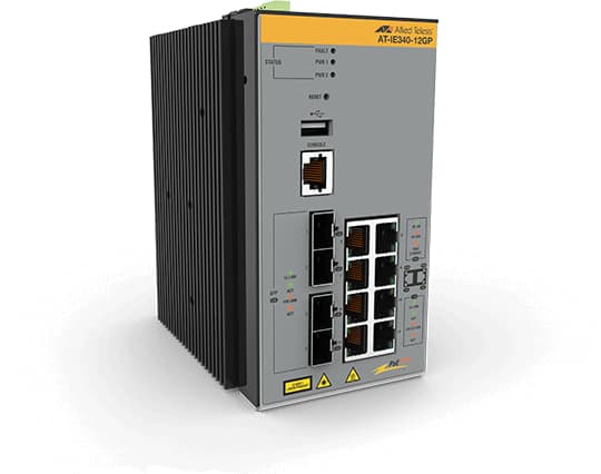 Allied Telesis AT IE340-12GP - Switch - L3 - Styrt - 8 x 10/100/1000 (PoE+) + 4 x 1000Base-X SFP - DIN-skinnemonterbar, veggmonterbar - PoE+ (240 W)