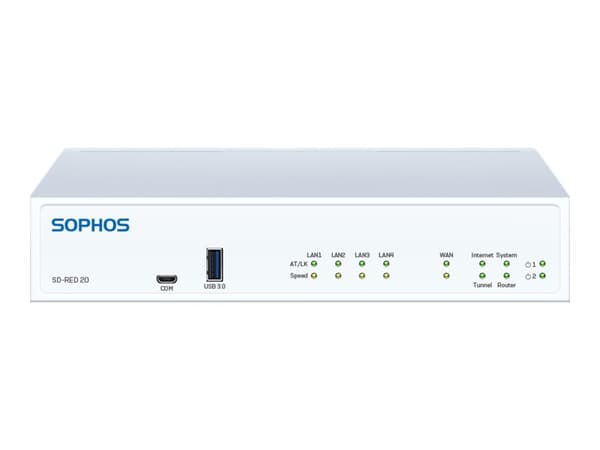 Sophos SD-RED 20, 250 Mbit/s, IEEE 802.3,IEEE 802.3ab,IEEE 802.3u, 10,100,1000 Mbit/s, 256-bit AES, Langallinen, Valkoinen