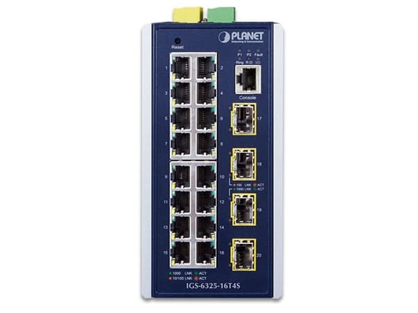 PLANET IGS-6325-16T4S - Switch - L3 - Administrerad - 16 x 10/100/1000 + 4 x Gigabit SFP - DIN-skenmonterbar, väggmonterbar - AC 24 V / DC 9 - 48 V