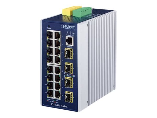 PLANET IGS-6325-16T4S - Switch - L3 - Administrerad - 16 x 10/100/1000 + 4 x Gigabit SFP - DIN-skenmonterbar, väggmonterbar - AC 24 V / DC 9 - 48 V Blå, Grå