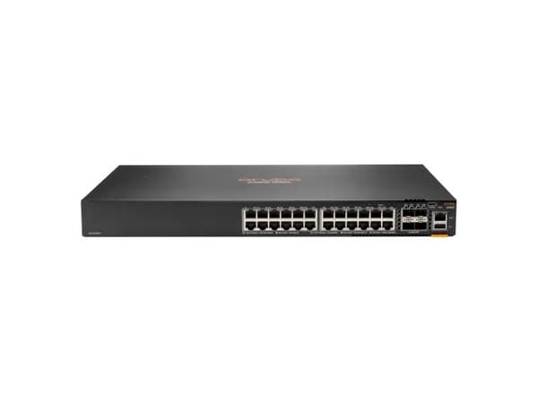 HPE Aruba 6300F - Switch - L3 - Styrt - 24 x 10/100/1000 + 4 x 1 Gigabit / 10 Gigabit / 25 Gigabit / 50 Gigabit SFP56 (opplink / stabling) - front og