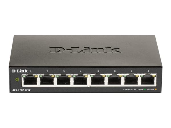 D-Link DGS 1100-08V2 - Switch - smart - 8 x 10/100/1000 - skrivbordsmodell - AC 100/240 V Svart