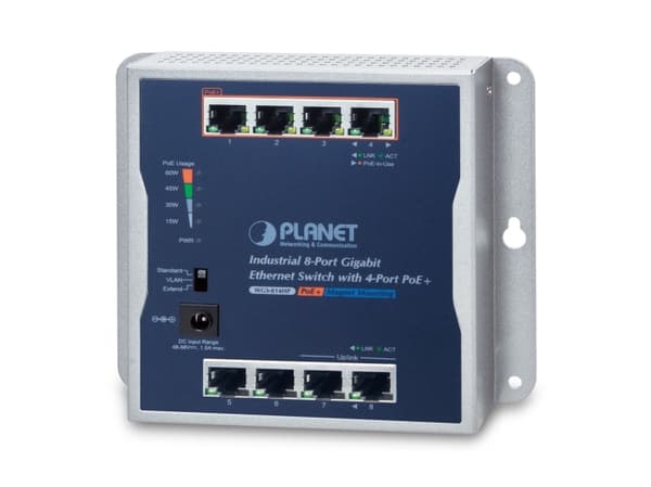 PLANET P30 Industrial 8-Port, Ohanterad, Strömförsörjning via Ethernet (PoE) stöd, Monteringsbar på väggen Blå, Grå