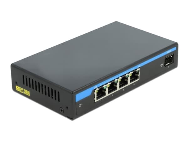 Delock - Switch - 4 x 10/100/1000 (PoE+) + 1 x Gigabit SFP - skrivbordsmodell - PoE+ (60 W)