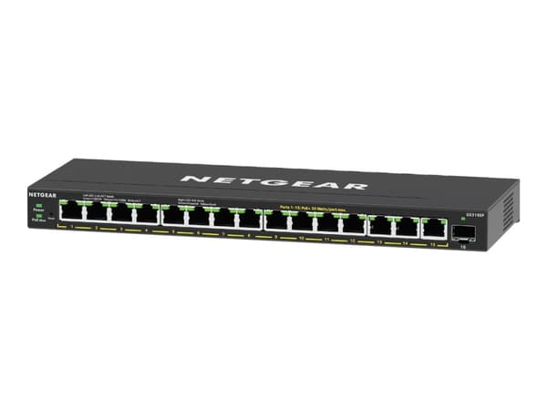 NETGEAR Plus GS316EP - Switch - Styrt - 15 x 10/100/1000 (PoE+) + 1 x SFP - stasjonær, veggmonterbar - PoE+ (180 W) Sort