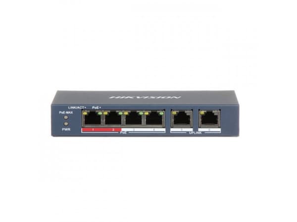 Hikvision Value Series DS-3E0106P-E/M - Switch - ohanterad - 4 x 10/100 (PoE+) + 2 x 10/100 (upplänk) - skrivbordsmodell - PoE+ (35 W) - Likström