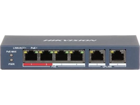 Hikvision Value Series DS-3E0106P-E/M - Switch - ohanterad - 4 x 10/100 (PoE+) + 2 x 10/100 (upplänk) - skrivbordsmodell - PoE+ (35 W) - Likström