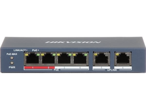 Hikvision Value Series DS-3E0106P-E/M - Switch - ohanterad - 4 x 10/100 (PoE+) + 2 x 10/100 (upplänk) - skrivbordsmodell - PoE+ (35 W) - Likström