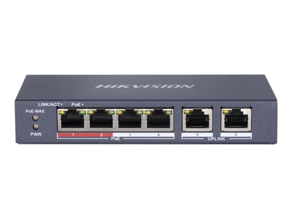 Hikvision Value Series DS-3E0106P-E/M - Switch - ohanterad - 4 x 10/100 (PoE+) + 2 x 10/100 (upplänk) - skrivbordsmodell - PoE+ (35 W) - Likström