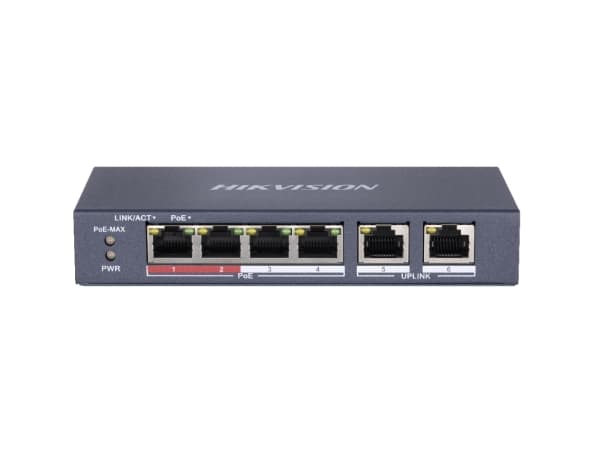 Hikvision Value Series DS-3E0106P-E/M - Switch - ohanterad - 4 x 10/100 (PoE+) + 2 x 10/100 (upplänk) - skrivbordsmodell - PoE+ (35 W) - Likström Grå