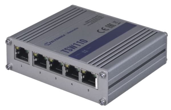 Teltonika TSW110 - Switch - ikke-styrt - 5 x 10/100/1000 - DIN-skinnemonterbar, overflatemonterbar - Passive PoE - DC-strøm