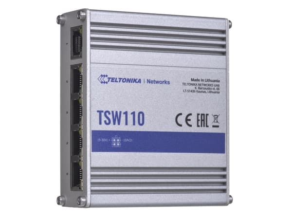 Teltonika TSW110 - Switch - ikke-styrt - 5 x 10/100/1000 - DIN-skinnemonterbar, overflatemonterbar - Passive PoE - DC-strøm