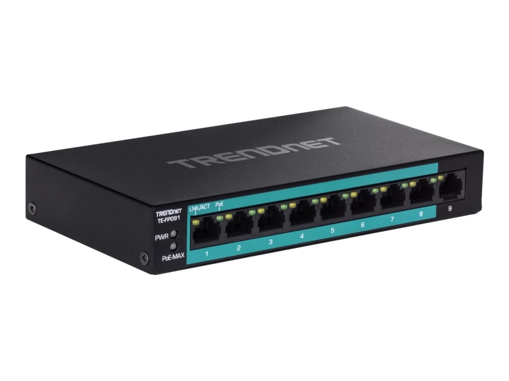 TRENDnet TE-FP091 - Switch - ohanterad - 8 x 10/100 (PoE+) + 1 x 10/100 - skrivbordsmodell, väggmonterbar - PoE+ (60 W)