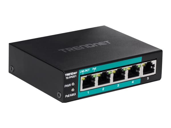 TRENDnet TE-FP051 - Switch - ohanterad - 4 x 10/100 (PoE+) + 1 x 10/100 - skrivbordsmodell, väggmonterbar - PoE+ (60 W)