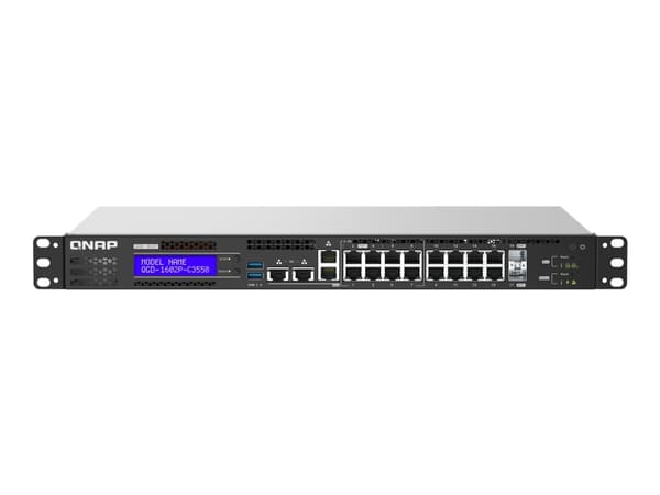 QNAP QGD-1602P - Switch - smart - 4 x 100/1000/2.5G (PoE++) + 4 x 100/1000/2.5G (PoE+) + 8 x 10/100/1000 (PoE+) + 2 x 10 Gigabit SFP+ - rackmonterbar Svart, Grå